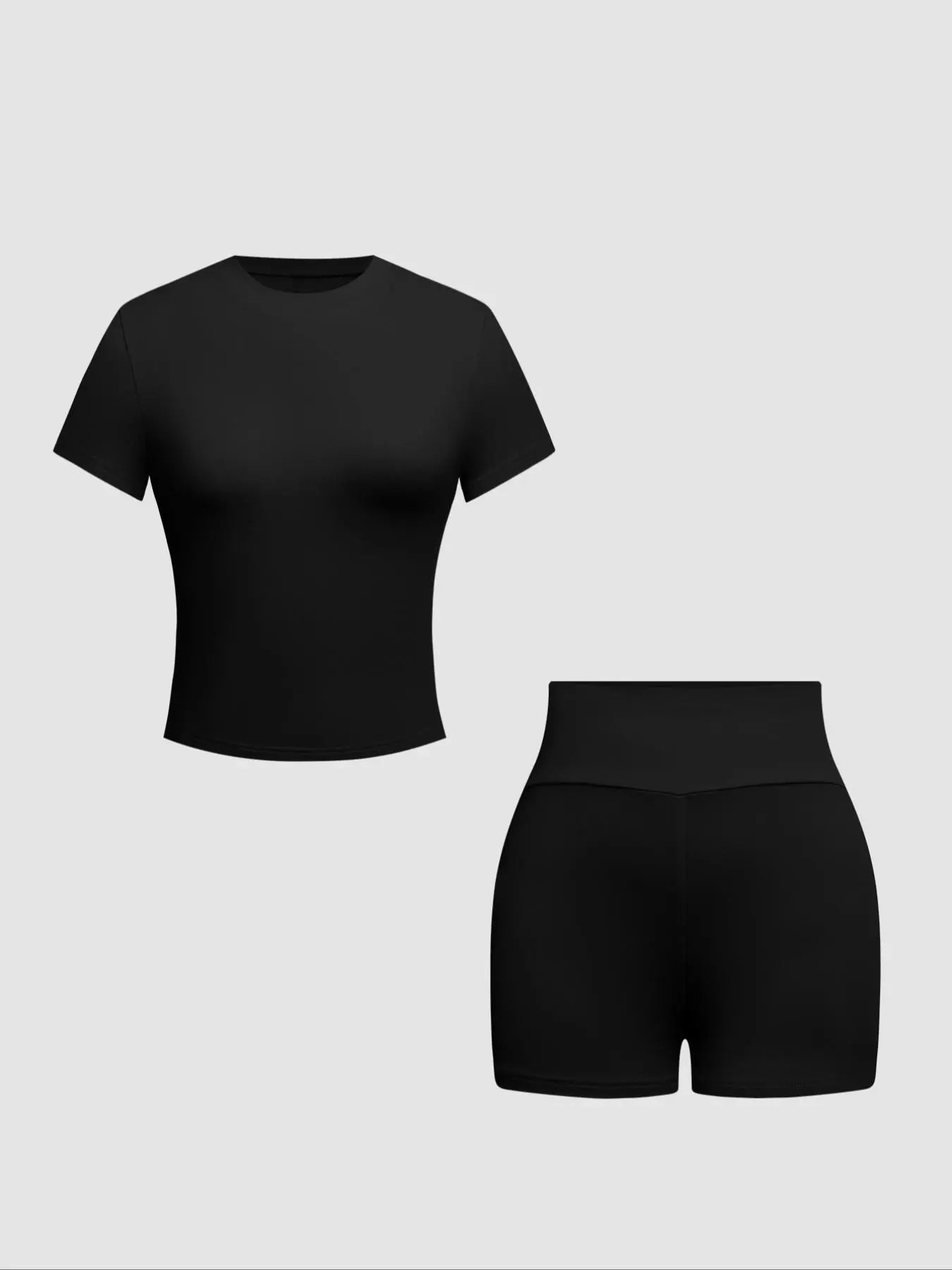 Women'S Solid round Neck Jersey Tee Medium & Skinny Shorts Set, Casual Short-Sleeve T-Shirt & Short Leggings, Women'S Summer Clothes
