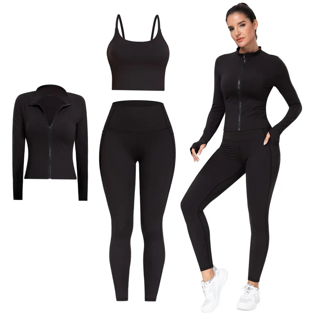 2026 New 3-Piece Workout Set - Adjustable Straps Sports Bra + No Front Seam & Butt Lifting Leggings with Pockets + Concealed Full Zip Jacket with Collar Shield – Women’S Yoga Outfit Activewear for Gym Running Training Sportswear
