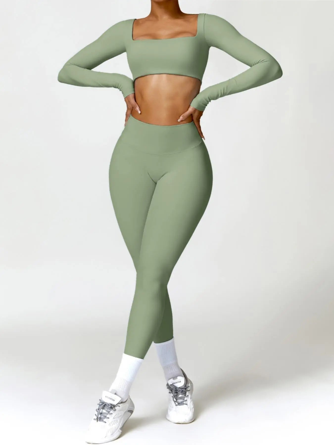Women'S Solid Long Sleeve Crop Top & High Waisted Yoga Bottoms Leggings Tracksuit Set, Sportswear Running Fitness, Sporty Quick-Dry Outfits Workout Running Clothes for Yoga Gym, Ladies Sportswear Activewear for All Seasons, Athletic Activewear