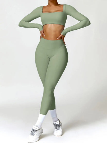 Women'S Solid Long Sleeve Crop Top & High Waisted Yoga Bottoms Leggings Tracksuit Set, Sportswear Running Fitness, Sporty Quick-Dry Outfits Workout Running Clothes for Yoga Gym, Ladies Sportswear Activewear for All Seasons, Athletic Activewear