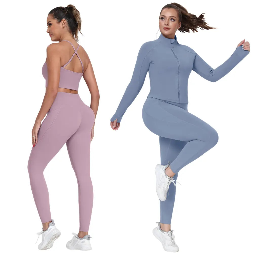2026 New 3-Piece Workout Set - Adjustable Straps Sports Bra + No Front Seam & Butt Lifting Leggings with Pockets + Concealed Full Zip Jacket with Collar Shield – Women’S Yoga Outfit Activewear for Gym Running Training Sportswear