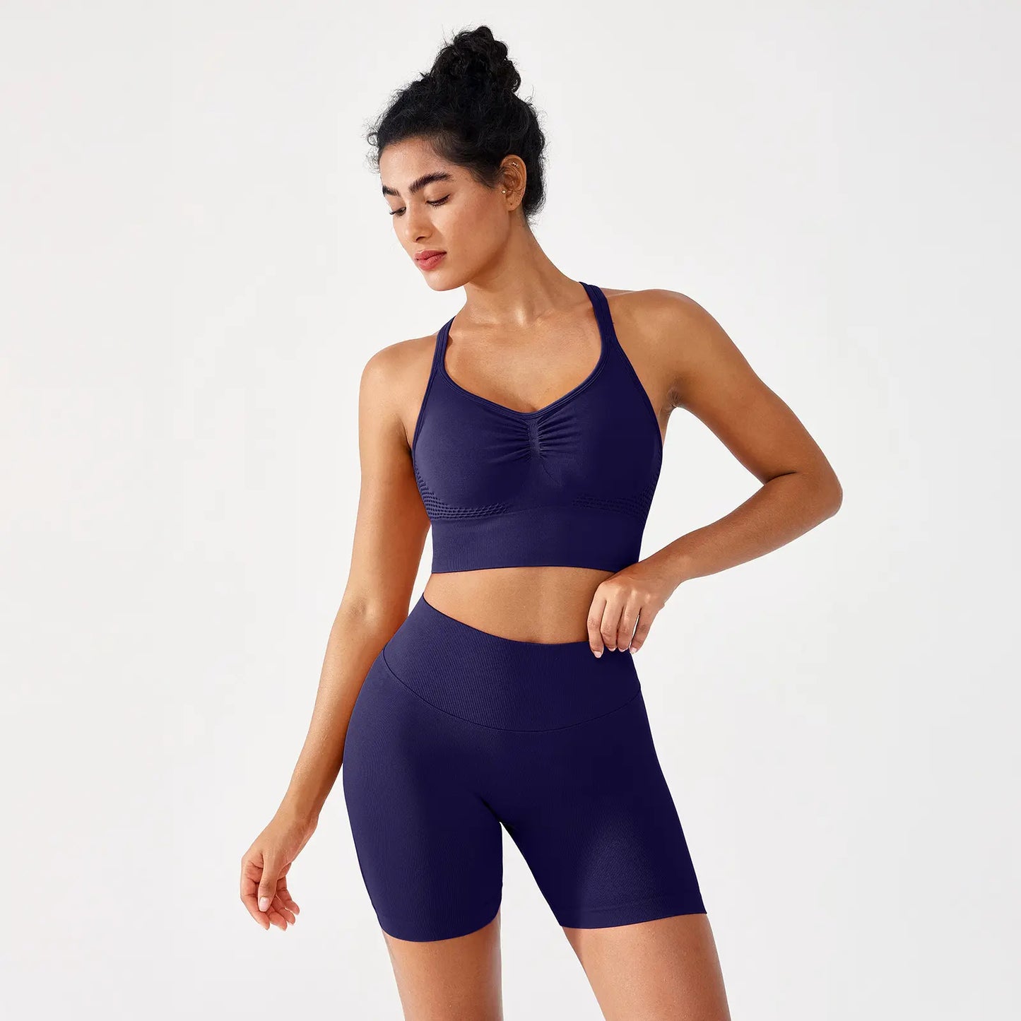 BRXL 2-Piece Set Lycra Fabric Women'S Supportive Cross-Back Sports Bra & Sculpting Ruched Biker Shorts | V-Back Design Seamless Construction #Fitness #Outdoorfun #Holidaywarmup #Summervibes -1
