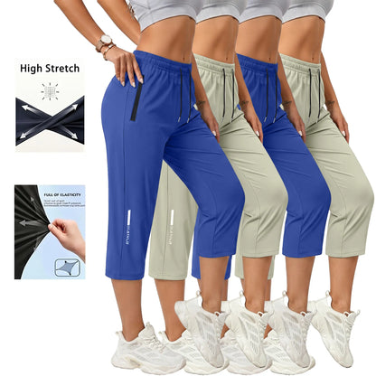 4-Pack Women’S Casual, Comfortable Loose Pants—Recommended for Summer Beach Trips and Vacations; Includes Pockets, Stretchy Fabric, and a Summery Vibe; Seven-Eighths Length for Women.