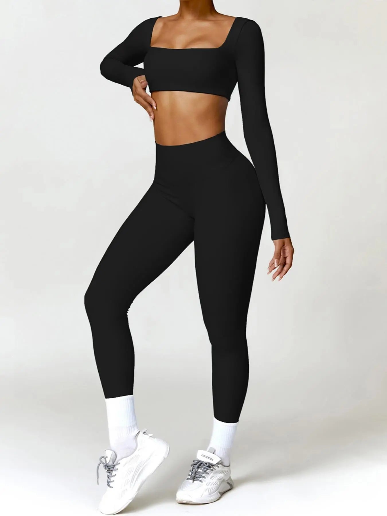 Women'S Solid Long Sleeve Crop Top & High Waisted Yoga Bottoms Leggings Tracksuit Set, Sportswear Running Fitness, Sporty Quick-Dry Outfits Workout Running Clothes for Yoga Gym, Ladies Sportswear Activewear for All Seasons, Athletic Activewear