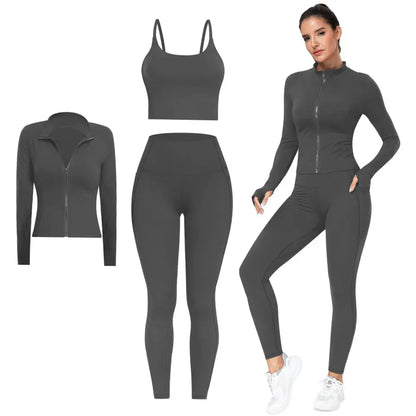 2026 New 3-Piece Workout Set - Adjustable Straps Sports Bra + No Front Seam & Butt Lifting Leggings with Pockets + Concealed Full Zip Jacket with Collar Shield – Women’S Yoga Outfit Activewear for Gym Running Training Sportswear