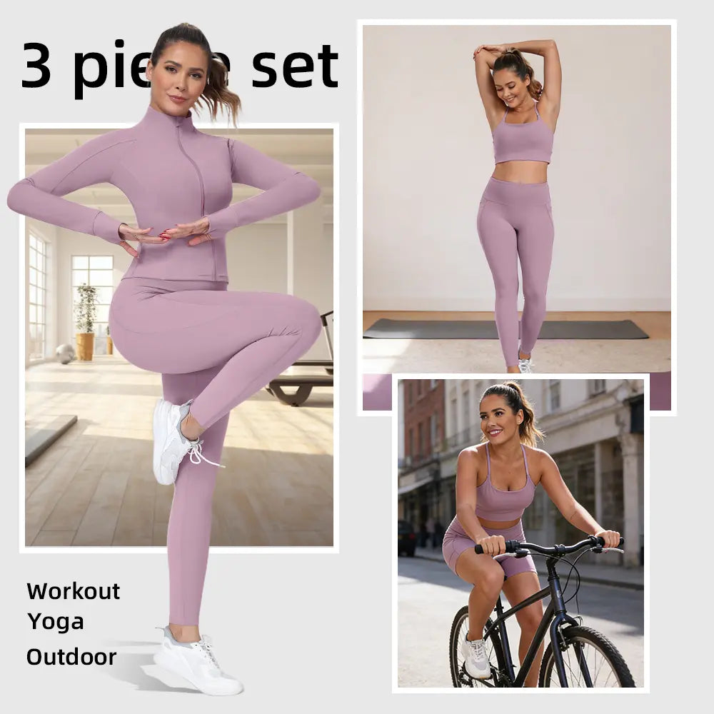 2026 New 3-Piece Workout Set - Adjustable Straps Sports Bra + No Front Seam & Butt Lifting Leggings with Pockets + Concealed Full Zip Jacket with Collar Shield – Women’S Yoga Outfit Activewear for Gym Running Training Sportswear