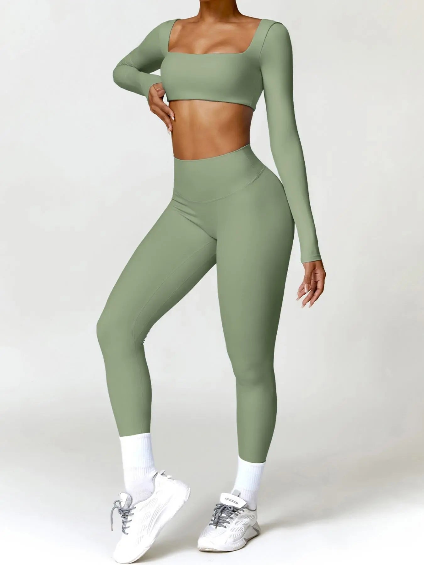 Women'S Solid Long Sleeve Crop Top & High Waisted Yoga Bottoms Leggings Tracksuit Set, Sportswear Running Fitness, Sporty Quick-Dry Outfits Workout Running Clothes for Yoga Gym, Ladies Sportswear Activewear for All Seasons, Athletic Activewear