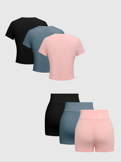 Women'S Solid round Neck Jersey Tee Medium & Skinny Shorts Set, Casual Short-Sleeve T-Shirt & Short Leggings, Women'S Summer Clothes