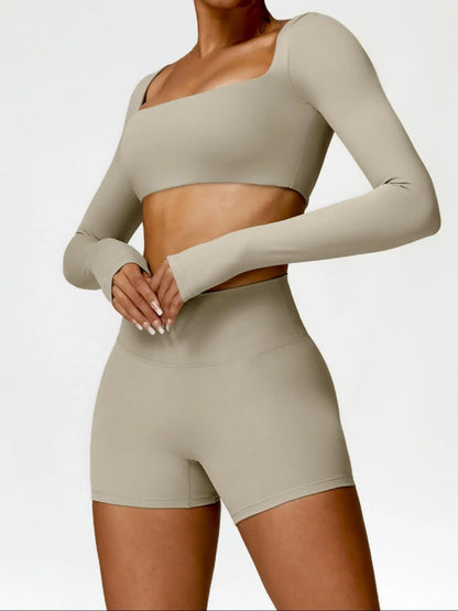 Women'S Solid Long Sleeve Crop Tee & High Waist Shorts Tracksuit Set, Sporty Square Neck Top & Short Leggings for Yoga, Ladies Sportswear, Workout Running Clothes, Elegant Gym Outfits, Workout Sets Women