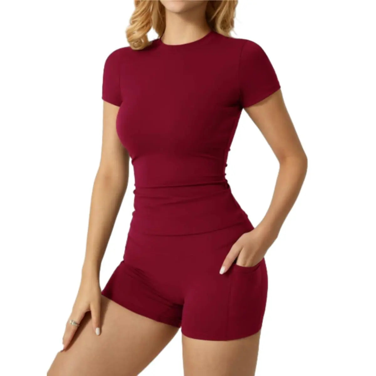Women'S 2-Piece Sport Set High-Stretch Yoga Shorts & Quick-Dry Tee Side Pockets Gym Running All-Season Fit