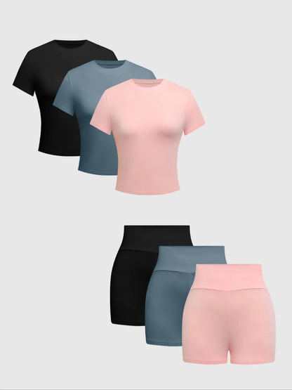 Women'S Solid round Neck Jersey Tee Medium & Skinny Shorts Set, Casual Short-Sleeve T-Shirt & Short Leggings, Women'S Summer Clothes