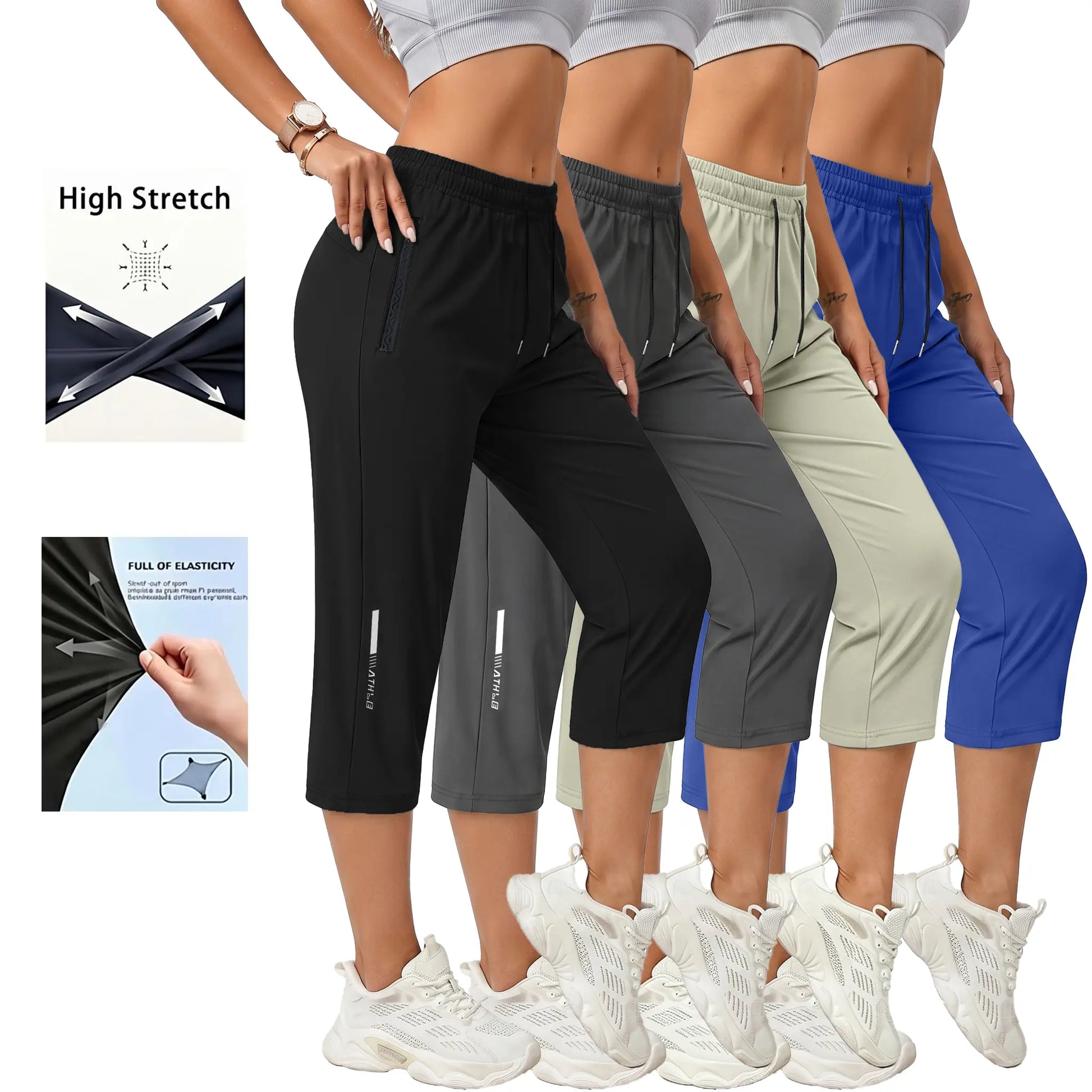 4-Pack Women’S Casual, Comfortable Loose Pants—Recommended for Summer Beach Trips and Vacations; Includes Pockets, Stretchy Fabric, and a Summery Vibe; Seven-Eighths Length for Women.