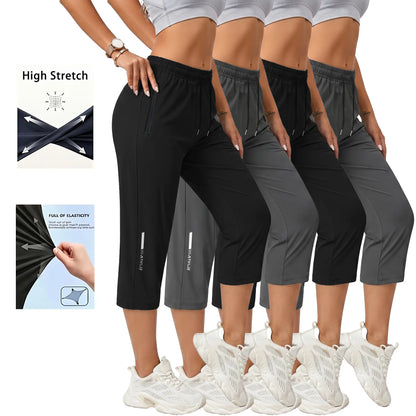 4-Pack Women’S Casual, Comfortable Loose Pants—Recommended for Summer Beach Trips and Vacations; Includes Pockets, Stretchy Fabric, and a Summery Vibe; Seven-Eighths Length for Women.