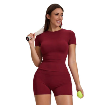 Women'S 2-Piece Sport Set High-Stretch Yoga Shorts & Quick-Dry Tee Side Pockets Gym Running All-Season Fit