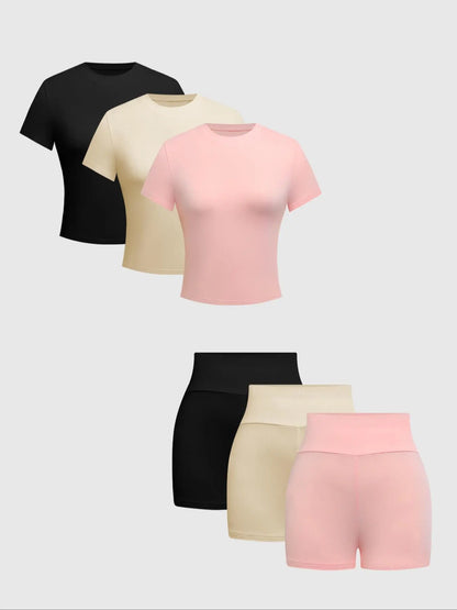 Women'S Solid round Neck Jersey Tee Medium & Skinny Shorts Set, Casual Short-Sleeve T-Shirt & Short Leggings, Women'S Summer Clothes