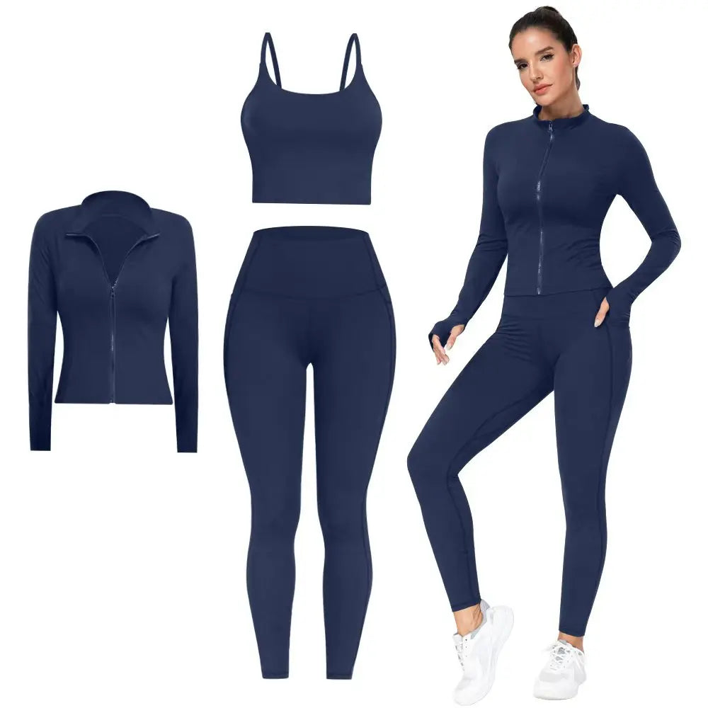 2026 New 3-Piece Workout Set - Adjustable Straps Sports Bra + No Front Seam & Butt Lifting Leggings with Pockets + Concealed Full Zip Jacket with Collar Shield – Women’S Yoga Outfit Activewear for Gym Running Training Sportswear
