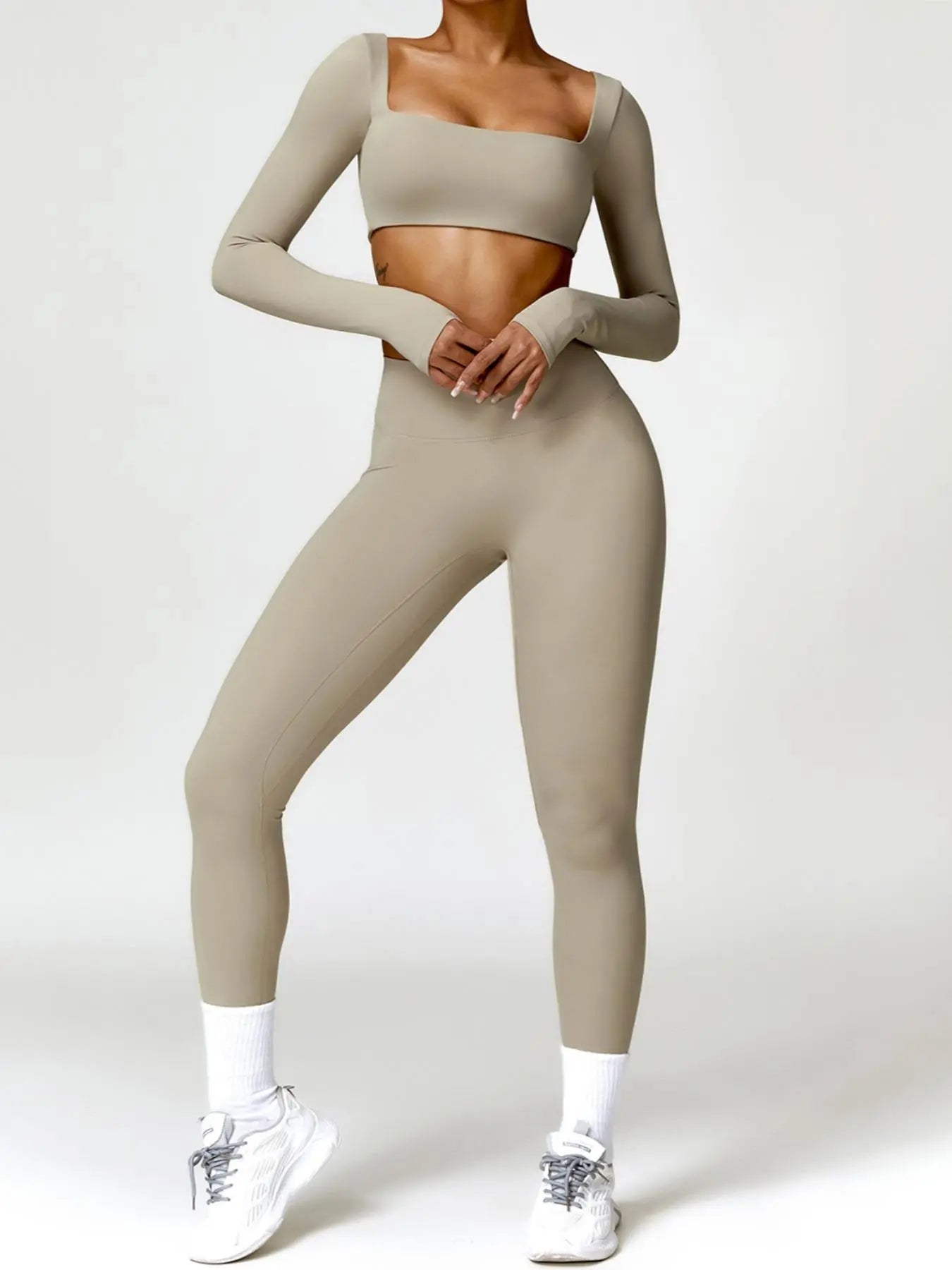 Women'S Solid Long Sleeve Crop Top & High Waisted Yoga Bottoms Leggings Tracksuit Set, Sportswear Running Fitness, Sporty Quick-Dry Outfits Workout Running Clothes for Yoga Gym, Ladies Sportswear Activewear for All Seasons, Athletic Activewear