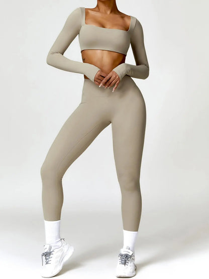 Women'S Solid Long Sleeve Crop Top & High Waisted Yoga Bottoms Leggings Tracksuit Set, Sportswear Running Fitness, Sporty Quick-Dry Outfits Workout Running Clothes for Yoga Gym, Ladies Sportswear Activewear for All Seasons, Athletic Activewear