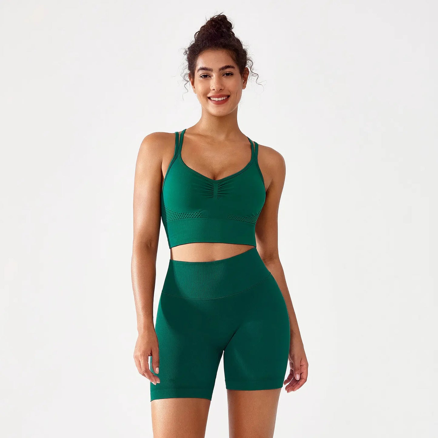 BRXL 2-Piece Set Lycra Fabric Women'S Supportive Cross-Back Sports Bra & Sculpting Ruched Biker Shorts | V-Back Design Seamless Construction #Fitness #Outdoorfun #Holidaywarmup #Summervibes -1
