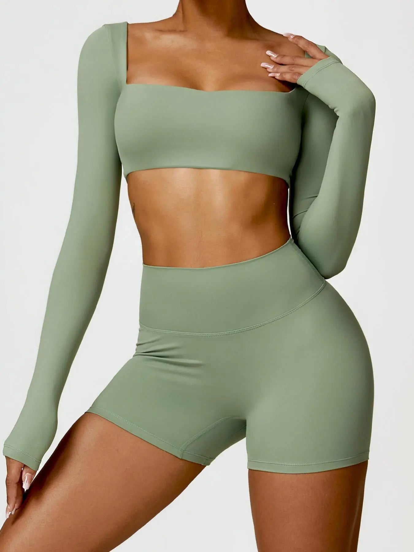 Women'S Solid Long Sleeve Crop Tee & High Waist Shorts Tracksuit Set, Sporty Square Neck Top & Short Leggings for Yoga, Ladies Sportswear, Workout Running Clothes, Elegant Gym Outfits, Workout Sets Women