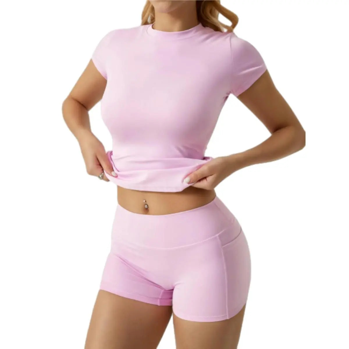 Women'S 2-Piece Sport Set High-Stretch Yoga Shorts & Quick-Dry Tee Side Pockets Gym Running All-Season Fit