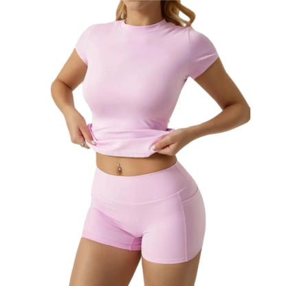 Women'S 2-Piece Sport Set High-Stretch Yoga Shorts & Quick-Dry Tee Side Pockets Gym Running All-Season Fit