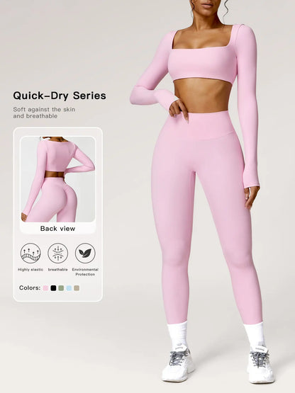 Women'S Solid Long Sleeve Crop Top & High Waisted Yoga Bottoms Leggings Tracksuit Set, Sportswear Running Fitness, Sporty Quick-Dry Outfits Workout Running Clothes for Yoga Gym, Ladies Sportswear Activewear for All Seasons, Athletic Activewear