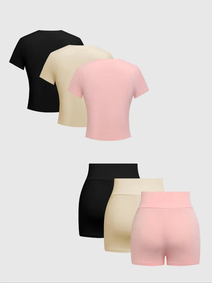 Women'S Solid round Neck Jersey Tee Medium & Skinny Shorts Set, Casual Short-Sleeve T-Shirt & Short Leggings, Women'S Summer Clothes