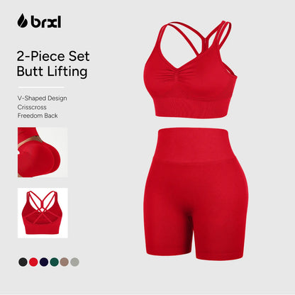BRXL 2-Piece Set Lycra Fabric Women'S Supportive Cross-Back Sports Bra & Sculpting Ruched Biker Shorts | V-Back Design Seamless Construction #Fitness #Outdoorfun #Holidaywarmup #Summervibes -1