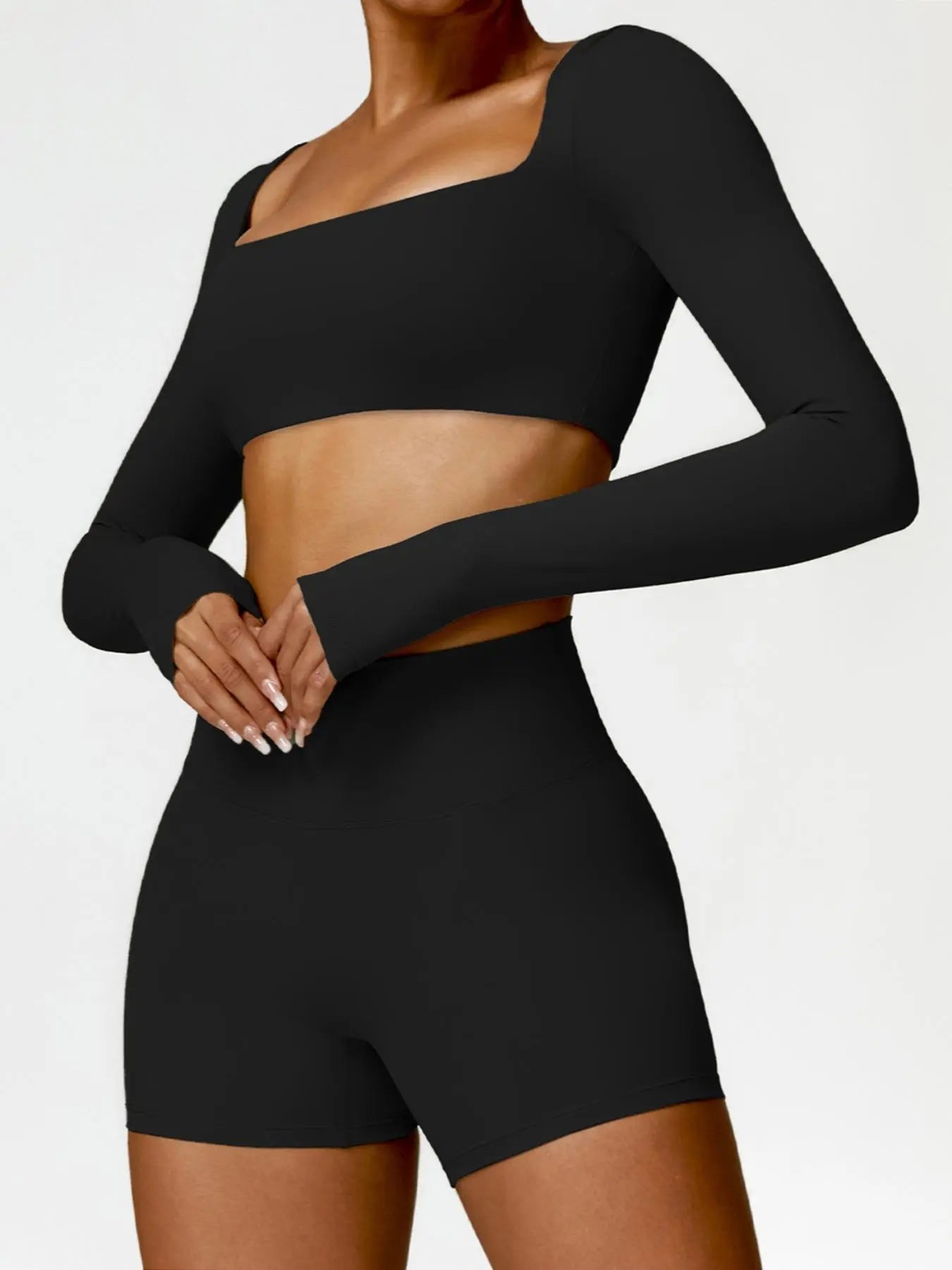 Women'S Solid Long Sleeve Crop Tee & High Waist Shorts Tracksuit Set, Sporty Square Neck Top & Short Leggings for Yoga, Ladies Sportswear, Workout Running Clothes, Elegant Gym Outfits, Workout Sets Women
