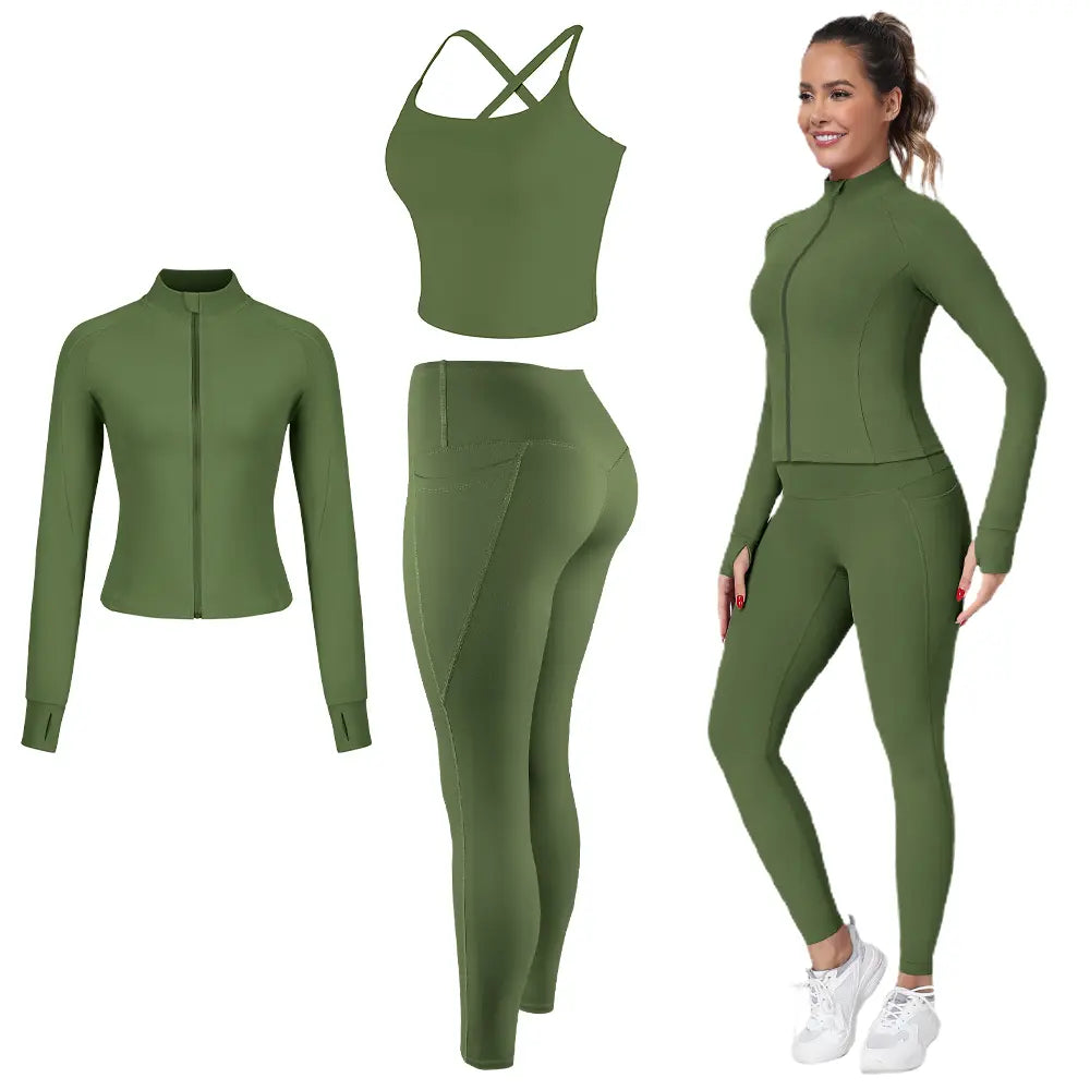 2026 New 3-Piece Workout Set - Adjustable Straps Sports Bra + No Front Seam & Butt Lifting Leggings with Pockets + Concealed Full Zip Jacket with Collar Shield – Women’S Yoga Outfit Activewear for Gym Running Training Sportswear