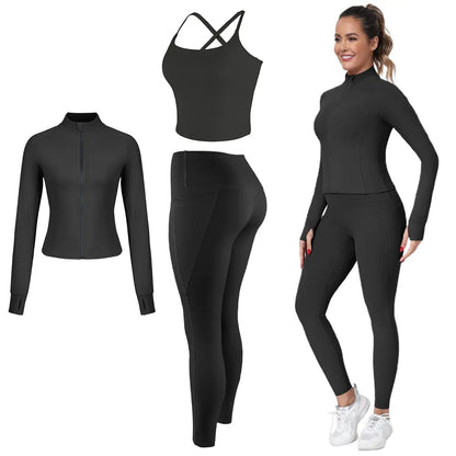 2026 New 3-Piece Workout Set - Adjustable Straps Sports Bra + No Front Seam & Butt Lifting Leggings with Pockets + Concealed Full Zip Jacket with Collar Shield – Women’S Yoga Outfit Activewear for Gym Running Training Sportswear