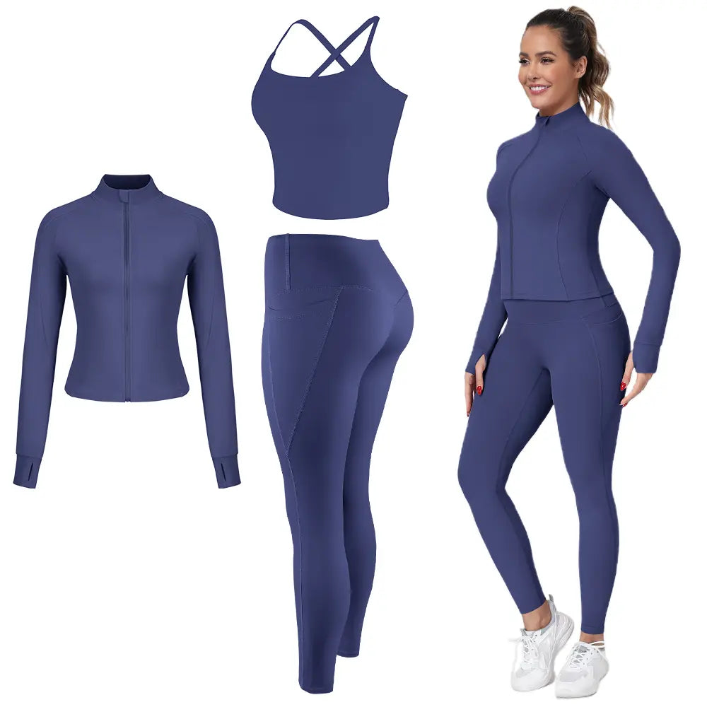 2026 New 3-Piece Workout Set - Adjustable Straps Sports Bra + No Front Seam & Butt Lifting Leggings with Pockets + Concealed Full Zip Jacket with Collar Shield – Women’S Yoga Outfit Activewear for Gym Running Training Sportswear