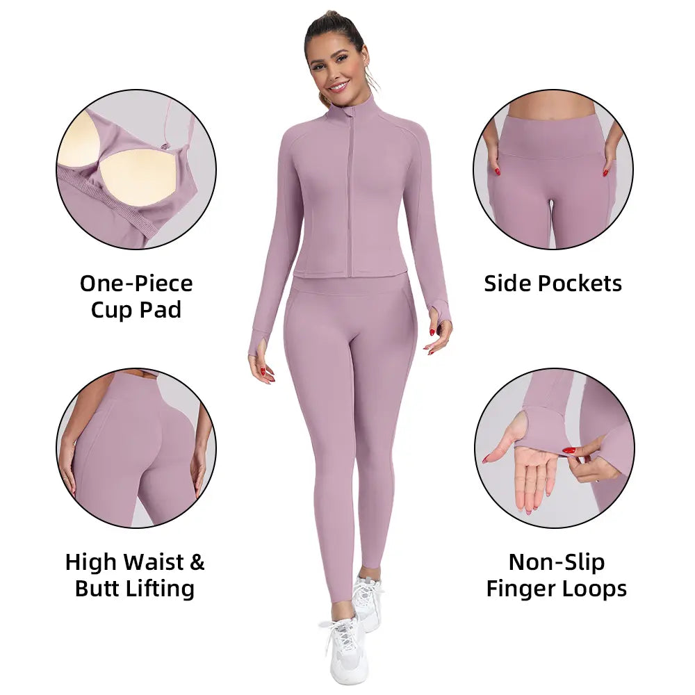2026 New 3-Piece Workout Set - Adjustable Straps Sports Bra + No Front Seam & Butt Lifting Leggings with Pockets + Concealed Full Zip Jacket with Collar Shield – Women’S Yoga Outfit Activewear for Gym Running Training Sportswear