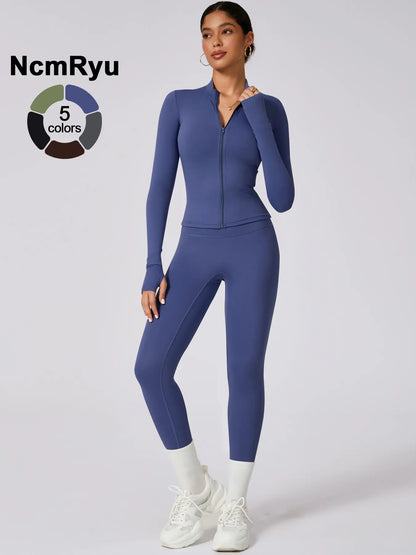 Women'S High Elastic Zipper Long Sleeve High Waist Trousers Yoga Wear, Yoga Clothes Set, Four Seasons Outdoor Running Gym Sports Training Sweat Suit