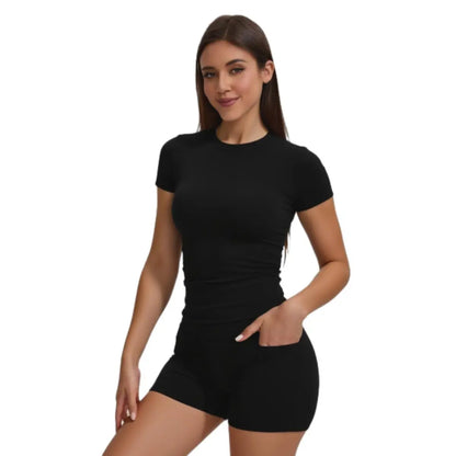 Women'S 2-Piece Sport Set High-Stretch Yoga Shorts & Quick-Dry Tee Side Pockets Gym Running All-Season Fit