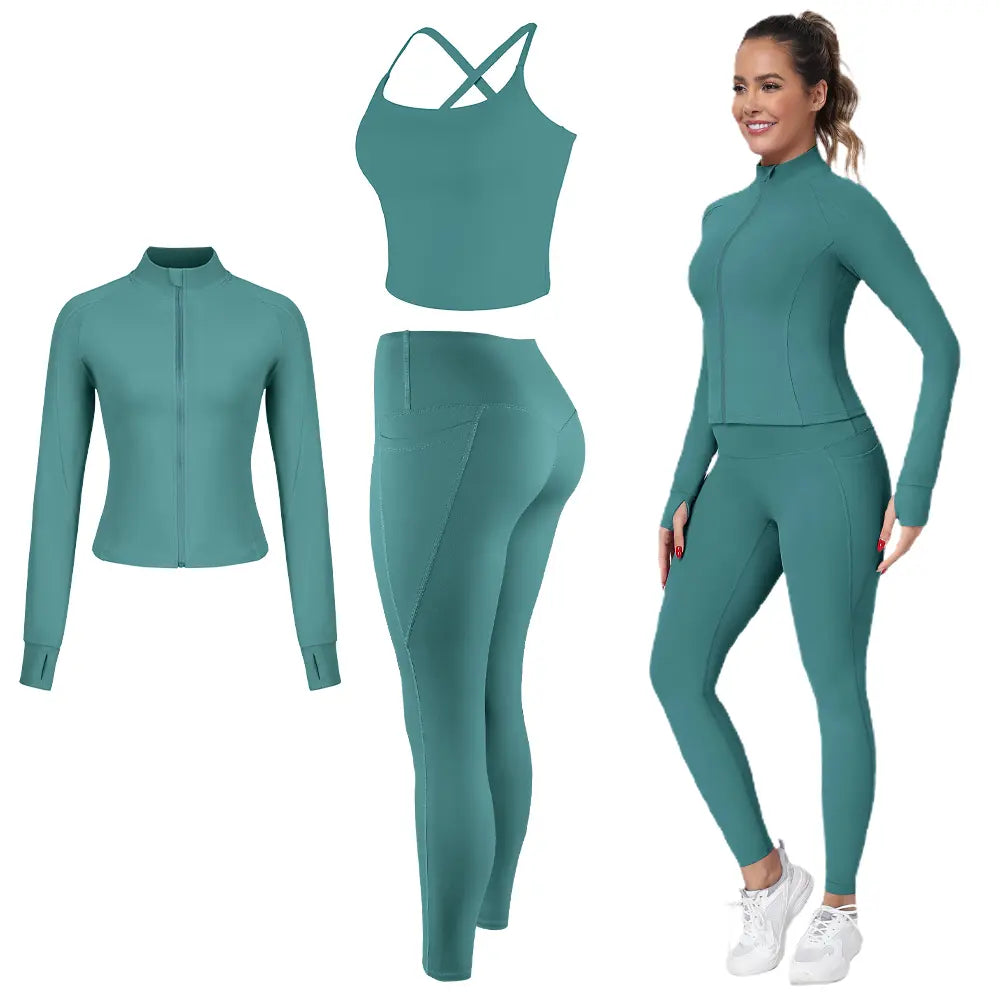 2026 New 3-Piece Workout Set - Adjustable Straps Sports Bra + No Front Seam & Butt Lifting Leggings with Pockets + Concealed Full Zip Jacket with Collar Shield – Women’S Yoga Outfit Activewear for Gym Running Training Sportswear