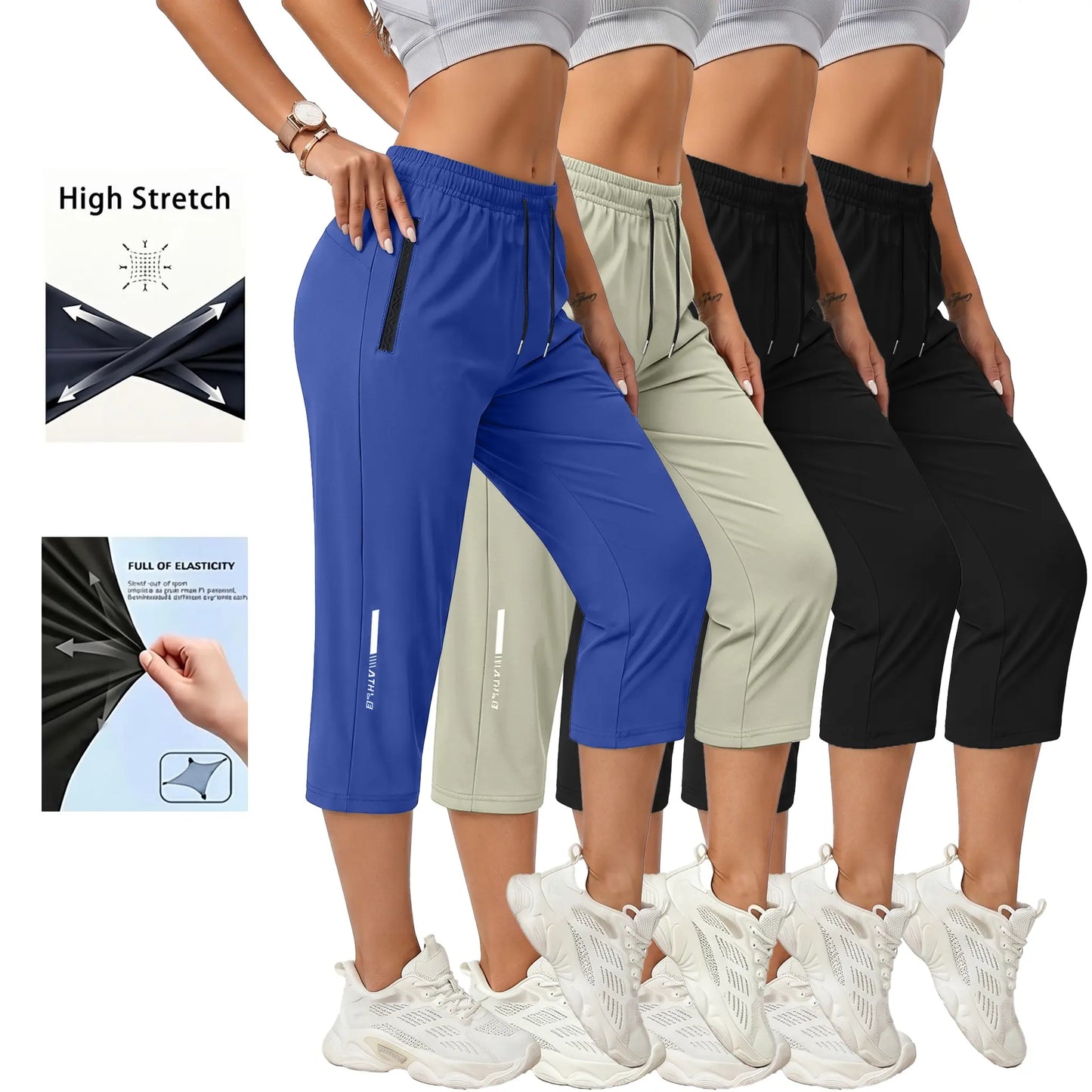 4-Pack Women’S Casual, Comfortable Loose Pants—Recommended for Summer Beach Trips and Vacations; Includes Pockets, Stretchy Fabric, and a Summery Vibe; Seven-Eighths Length for Women.