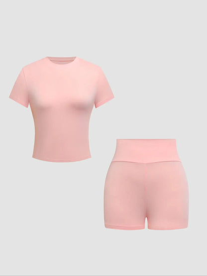 Women'S Solid round Neck Jersey Tee Medium & Skinny Shorts Set, Casual Short-Sleeve T-Shirt & Short Leggings, Women'S Summer Clothes