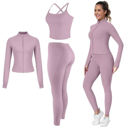 2026 New 3-Piece Workout Set - Adjustable Straps Sports Bra + No Front Seam & Butt Lifting Leggings with Pockets + Concealed Full Zip Jacket with Collar Shield – Women’S Yoga Outfit Activewear for Gym Running Training Sportswear