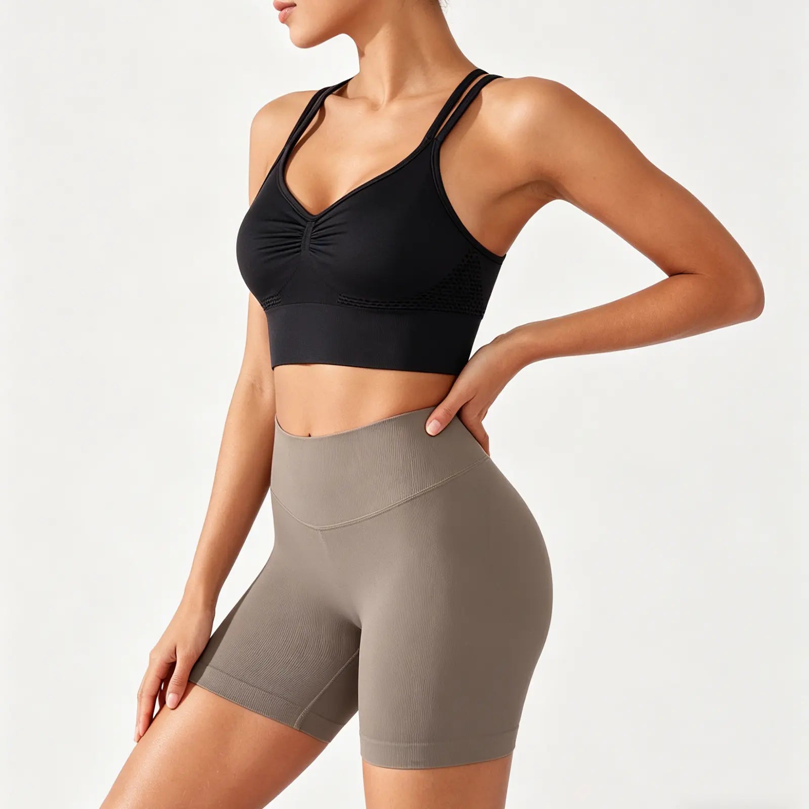 BRXL 2-Piece Set Lycra Fabric Women'S Supportive Cross-Back Sports Bra & Sculpting Ruched Biker Shorts | V-Back Design Seamless Construction #Fitness #Outdoorfun #Holidaywarmup #Summervibes -1