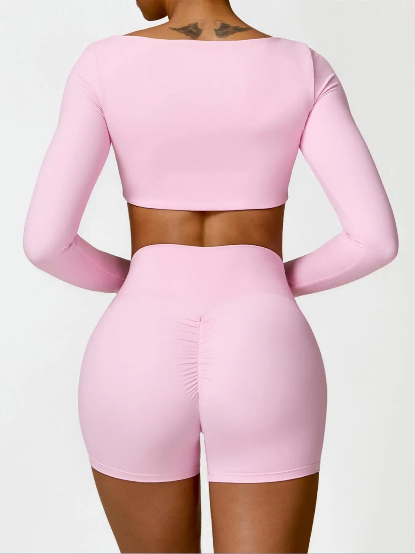 Women'S Solid Long Sleeve Crop Tee & High Waist Shorts Tracksuit Set, Sporty Square Neck Top & Short Leggings for Yoga, Ladies Sportswear, Workout Running Clothes, Elegant Gym Outfits, Workout Sets Women