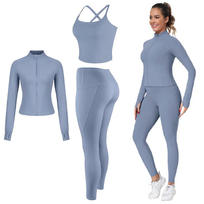 2026 New 3-Piece Workout Set - Adjustable Straps Sports Bra + No Front Seam & Butt Lifting Leggings with Pockets + Concealed Full Zip Jacket with Collar Shield – Women’S Yoga Outfit Activewear for Gym Running Training Sportswear