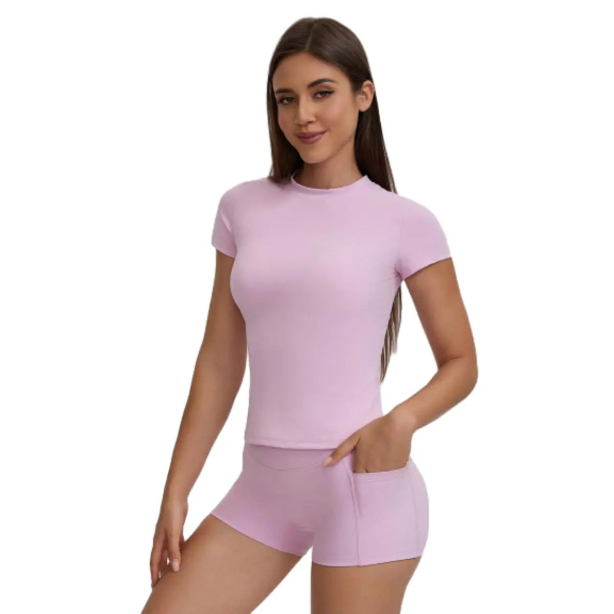 Women'S 2-Piece Sport Set High-Stretch Yoga Shorts & Quick-Dry Tee Side Pockets Gym Running All-Season Fit