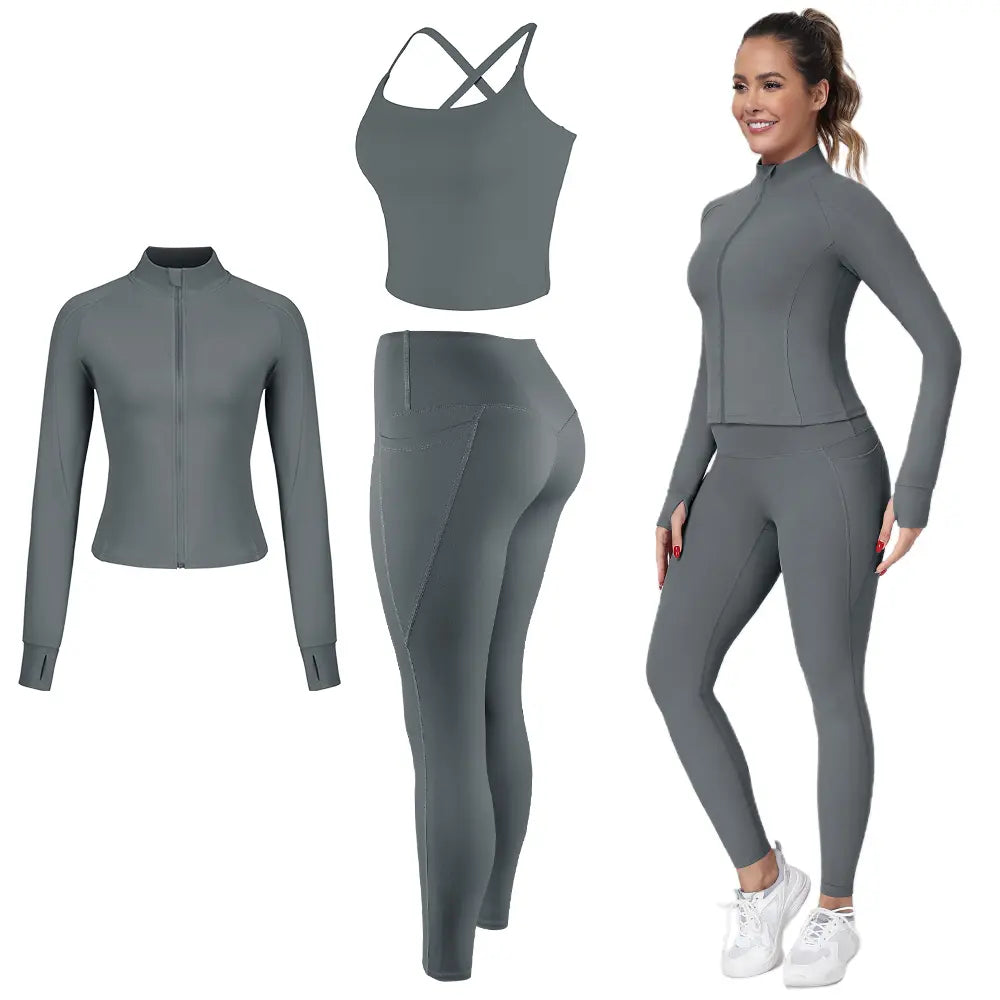 2026 New 3-Piece Workout Set - Adjustable Straps Sports Bra + No Front Seam & Butt Lifting Leggings with Pockets + Concealed Full Zip Jacket with Collar Shield – Women’S Yoga Outfit Activewear for Gym Running Training Sportswear