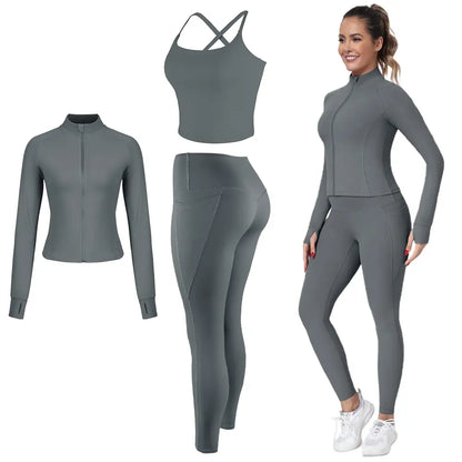 2026 New 3-Piece Workout Set - Adjustable Straps Sports Bra + No Front Seam & Butt Lifting Leggings with Pockets + Concealed Full Zip Jacket with Collar Shield – Women’S Yoga Outfit Activewear for Gym Running Training Sportswear