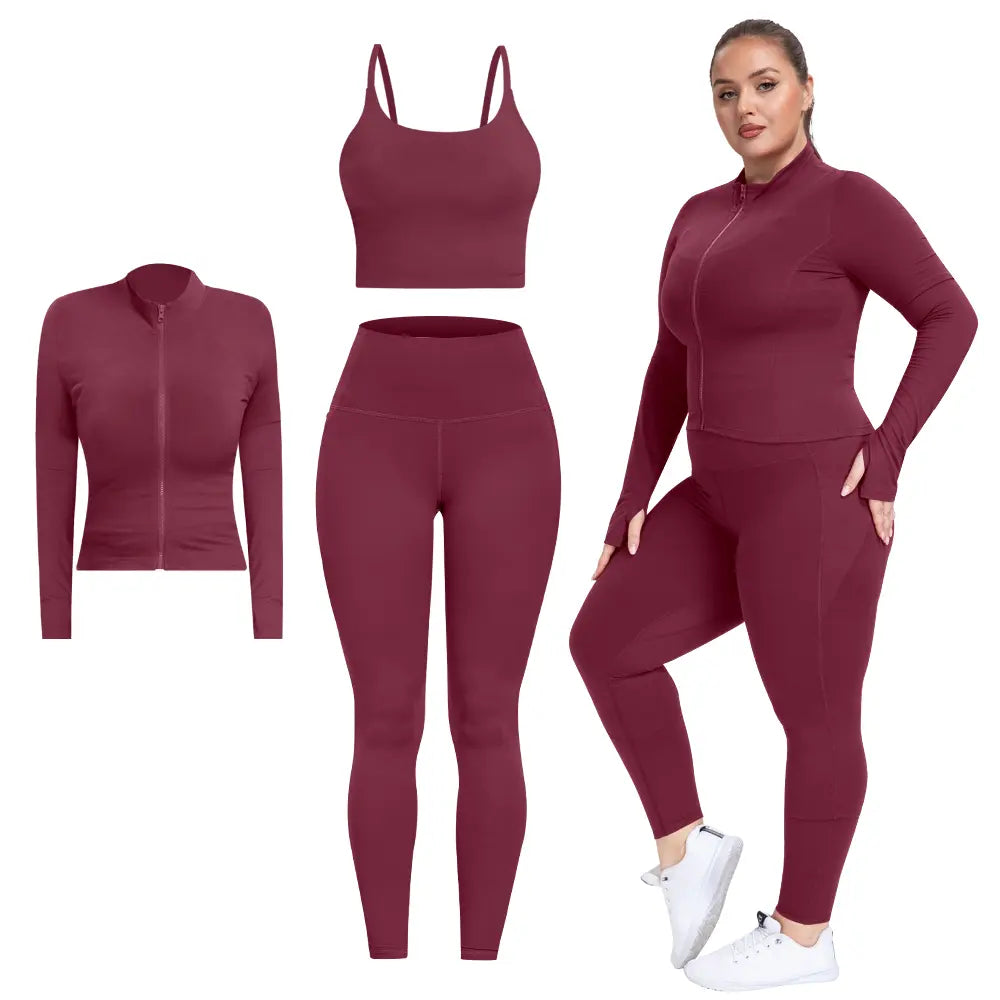 2026 New 3-Piece Workout Set - Adjustable Straps Sports Bra + No Front Seam & Butt Lifting Leggings with Pockets + Concealed Full Zip Jacket with Collar Shield – Women’S Yoga Outfit Activewear for Gym Running Training Sportswear