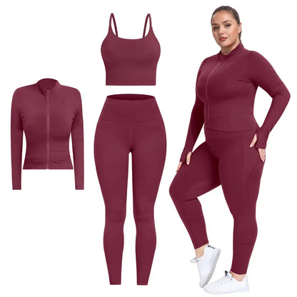 2026 New 3-Piece Workout Set - Adjustable Straps Sports Bra + No Front Seam & Butt Lifting Leggings with Pockets + Concealed Full Zip Jacket with Collar Shield – Women’S Yoga Outfit Activewear for Gym Running Training Sportswear