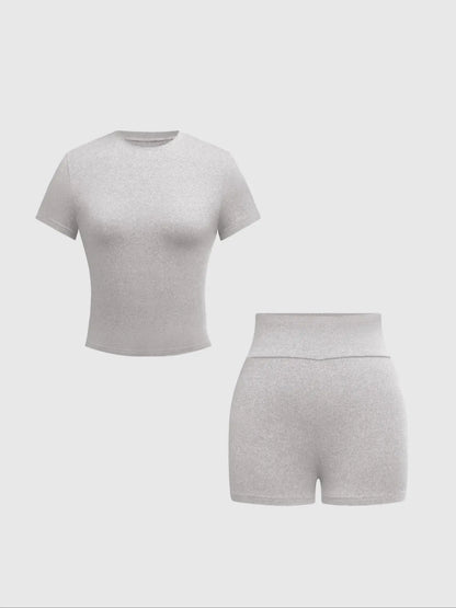 Women'S Solid round Neck Jersey Tee Medium & Skinny Shorts Set, Casual Short-Sleeve T-Shirt & Short Leggings, Women'S Summer Clothes
