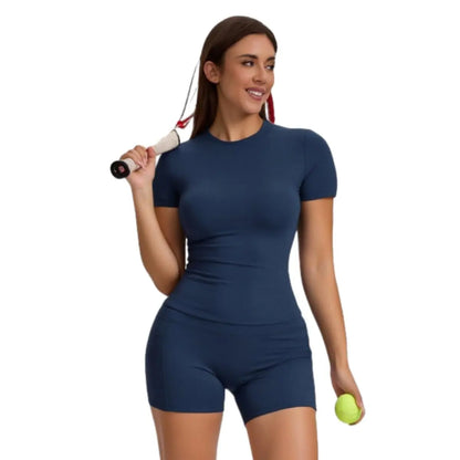 Women'S 2-Piece Sport Set High-Stretch Yoga Shorts & Quick-Dry Tee Side Pockets Gym Running All-Season Fit